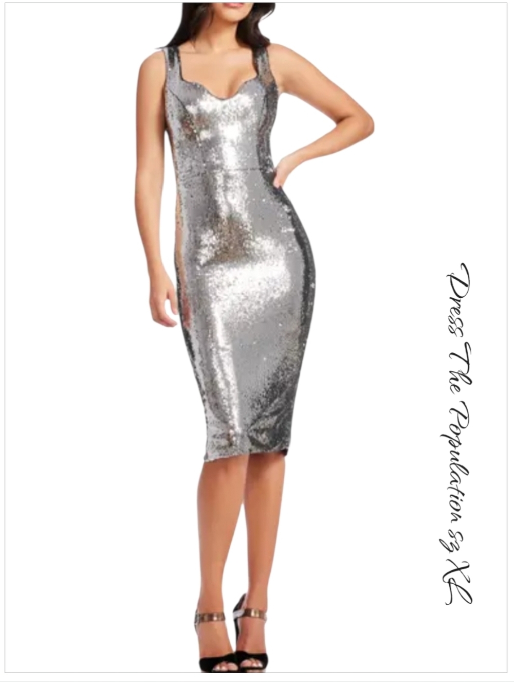 NWT Dress the Population Sloane Silver Sequin Sweetheart Midi Dress XL 